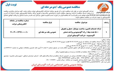 چاپ و انتشار  نوبت اول آگهی مناقصه عمومی شرکت آلومینای ایران در روزنامه های