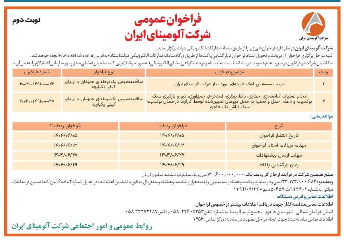 چاپ و انتشار  نوبت دوم آگهی فراخوان شرکت آلومینای ایران  در روزنامه های 

