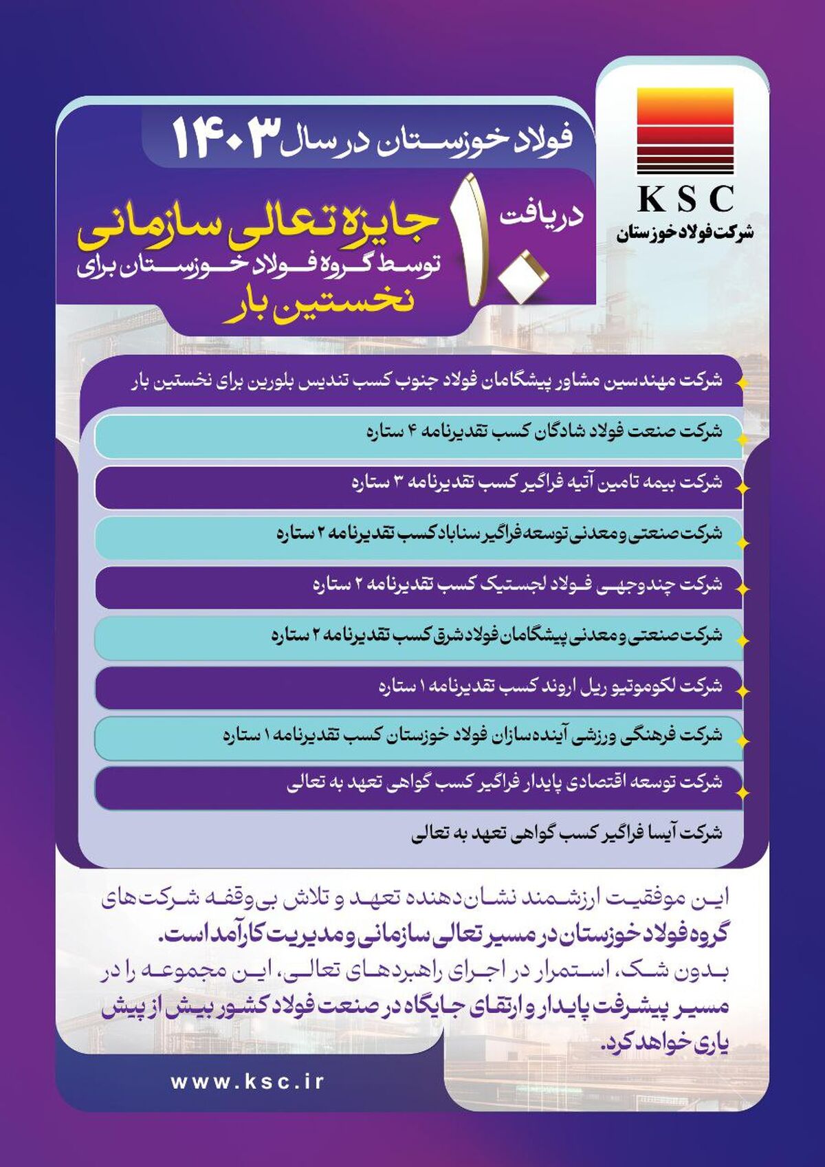 دریافت ۱۰ جایزه تعالی سازمانی/ فولاد خوزستان در سال ۱۴۰۳