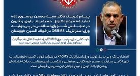 پیام تبریک دکتر سید محسن موسوی زاده نماینده مردم اهواز، حمیدیه، باوی و کارون در مجلس شورای اسلامی در پی تولید ورق استراتژیک X65MS در فولاد اکسین خوزستان