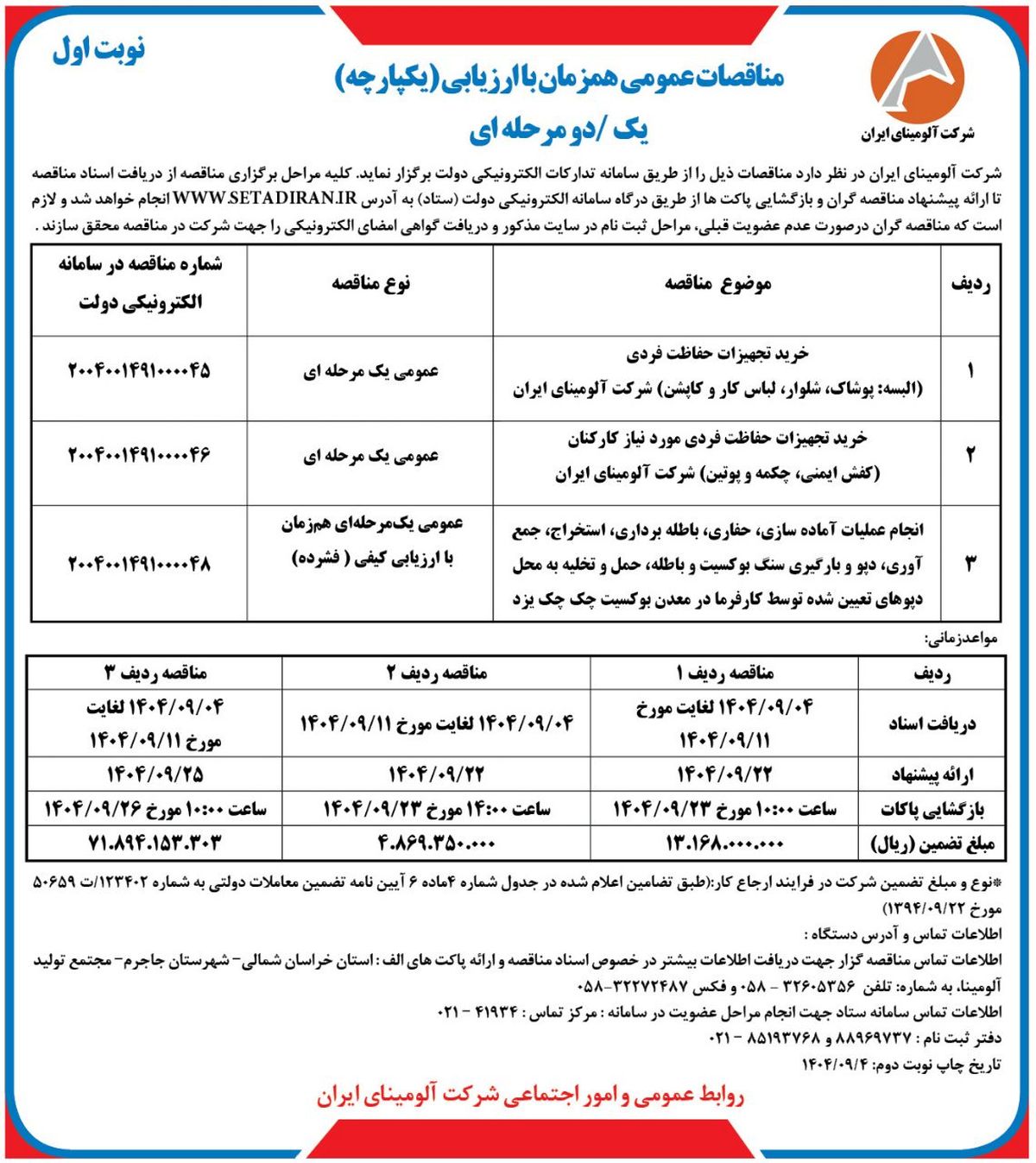 چاپ و انتشار  نوبت اول آگهی فراخوان های شرکت آلومینای ایران در روزنامه های