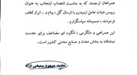 قدردانی سمیعی نژاد از فعالان معدنی و صنایع معدنی در پی پیام های تبریک انتصاب