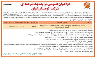 چاپ و انتشار نوبت دوم فراخوان مزایده عمومی یک مرحله ای شرکت آلومینای ایران در روزنامه های