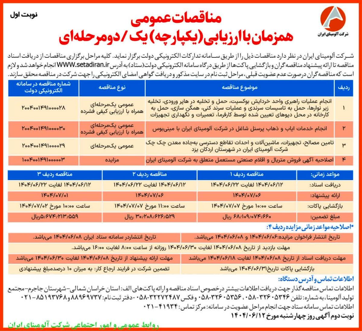 چاپ و انتشار  نوبت اول آگهی مناقصات شرکت آلومینای ایران  در روزنامه های 
